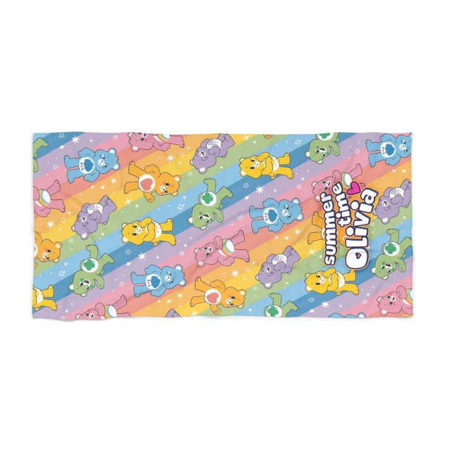 This personalized Care Bears beach towel is a beach day essential.
