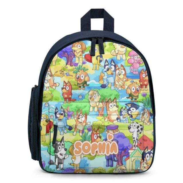 Custom printed classic Bluey backpack for school featuring Bluey waving on a durable, water-resistant teal background.