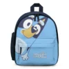 Front view of a custom personalized light blue school backpack featuring Bluey and Bingo hugging on a waterproof shell.