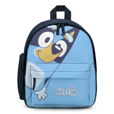 Front view of a custom personalized light blue school backpack featuring Bluey and Bingo hugging on a waterproof shell.