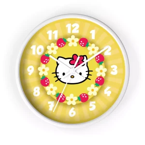 Bright yellow Hello Kitty Wall Clock with easy-to-read numbers for kids.