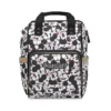 Black and white tossed Mickey faces diaper bag backpack personalized with the baby's name on the front pocket.