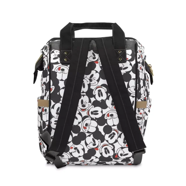 Back view of the black and white Mickey faces diaper backpack showing the padded back panel and adjustable shoulder straps.