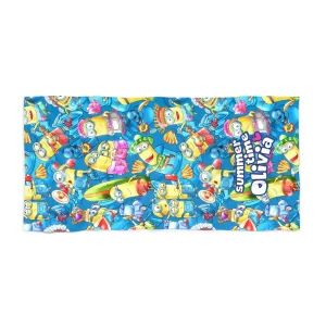 Soft and colorful beach towel personalized with a name, perfect for Minions lovers.