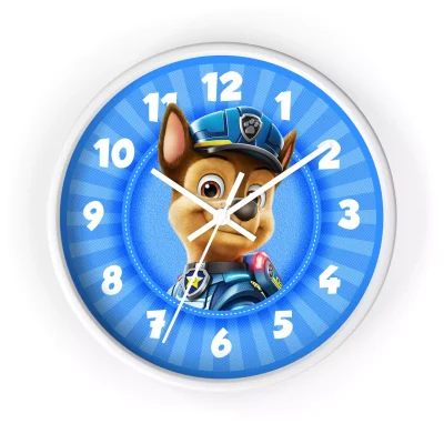 Blue Paw Patrol wall clock featuring Chase, the police dog.