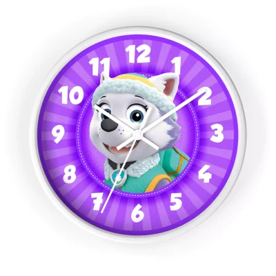 Telling time with Paw Patrol! This violet wall clock features Everest the Husky pup.