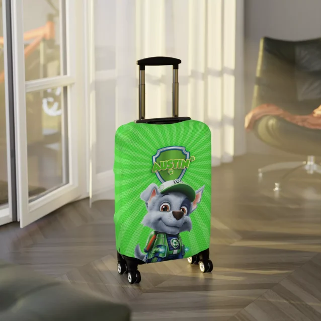 Make every trip a rescue mission with this green Paw Patrol Rocky luggage cover, personalized just for them!