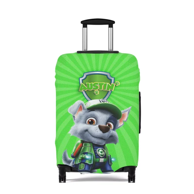 Protect your luggage in style! Green Paw Patrol Rocky cover with customizable name for adventurous kids.