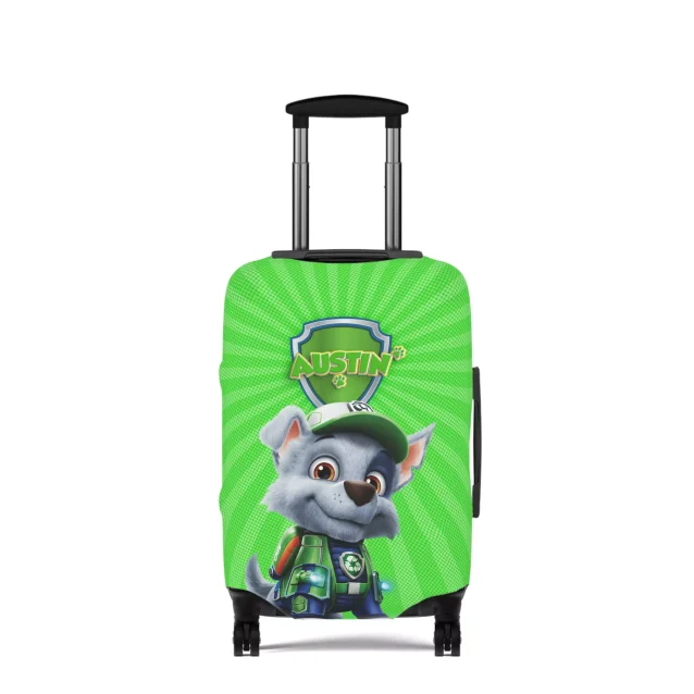Green Paw Patrol Rocky luggage cover, personalized with your child's name for a pawsome travel companion.