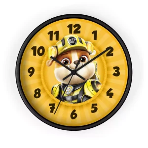 Bright yellow Paw Patrol Rubble wall clock featuring the beloved construction pup.
