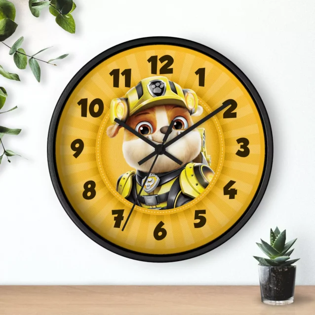 Yellow Paw Patrol Rubble wall clock, perfect for any child's room who loves construction and pups.