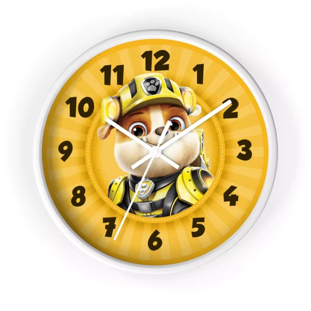 Playful yellow Paw Patrol wall clock with Rubble, the friendly construction pup, for a touch of fun in any room.