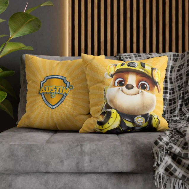 Soft yellow pillowcase showcasing the adventurous Rubble from Paw Patrol.