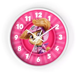 Fun pink wall clock with Skye, the brave helicopter pilot from Paw Patrol.