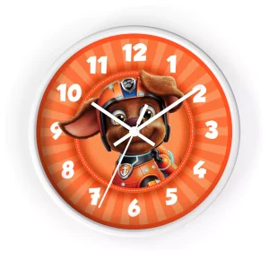 Orange Paw Patrol Zuma wall clock featuring the adventurous pup Zuma.