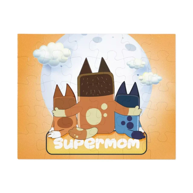 A custom photo puzzle design featuring Bluey characters and a family name.
