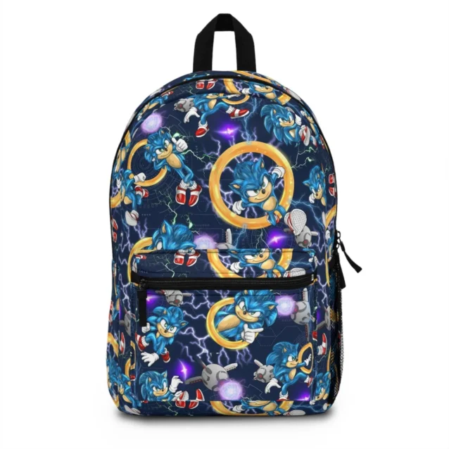 Front view of the standard personalized Sonic the Hedgehog school backpack for kids featuring blue waterproof canvas and custom name box printing.
