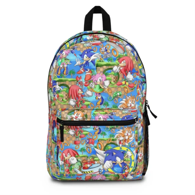 Custom personalized Sonic Shadow the Hedgehog backpack featuring a sleek black and red graphic layout with adjustable padded shoulder straps.
