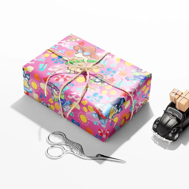 Gift wrap featuring Bluey and Bingo in a playful, full-coverage print.