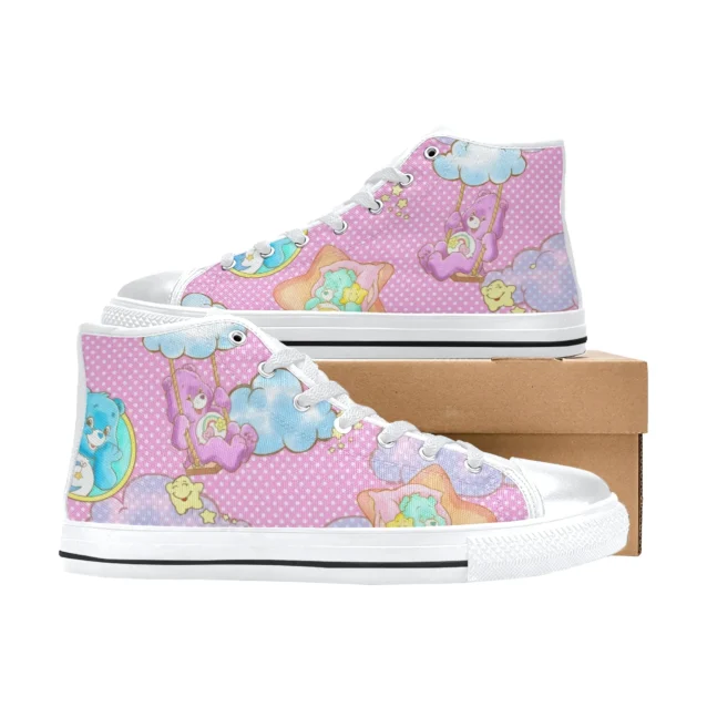 Side angle of cute pastel pink kids shoes showcasing Care Bears character art.
