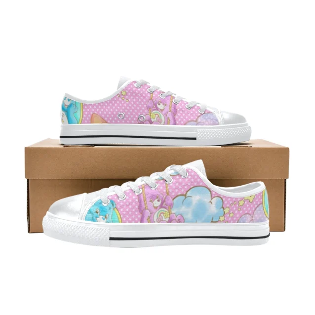 Rear heel view of the bright pink Care Bears canvas shoes for school.
