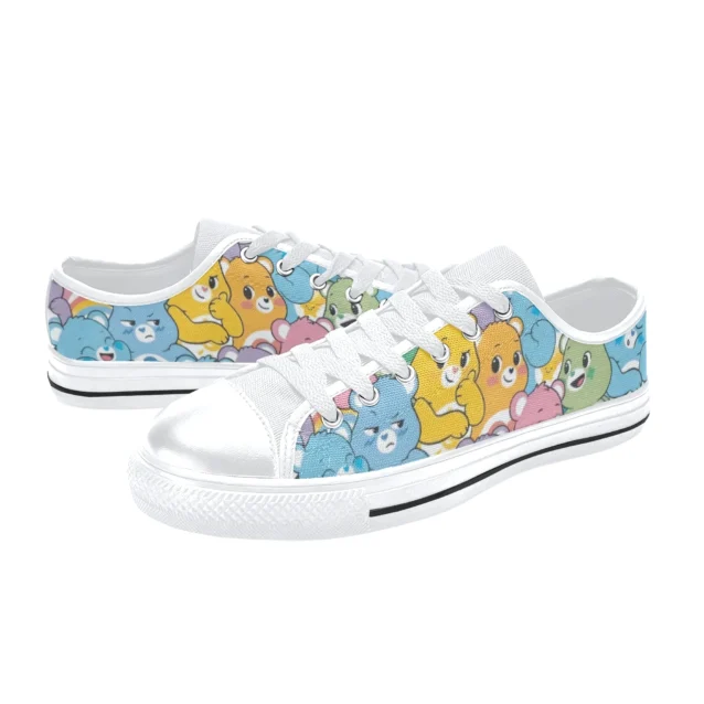 Rear heel view of the vibrant multi-color Care Bears canvas shoes for school.