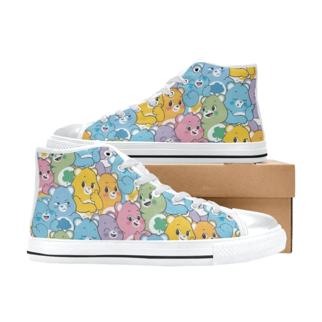 Cute friendship collage graphics on kids canvas walking shoes featuring Care Bears.