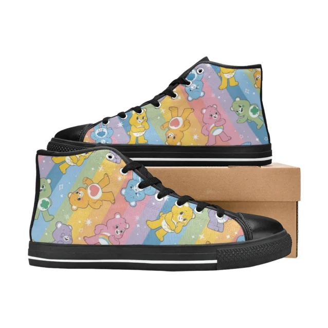 Side profile of the cheerful yellow canvas sneakers featuring Care Bears graphics.