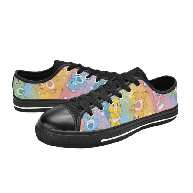 Rear heel view of the pastel yellow Care Bears canvas shoes for school.