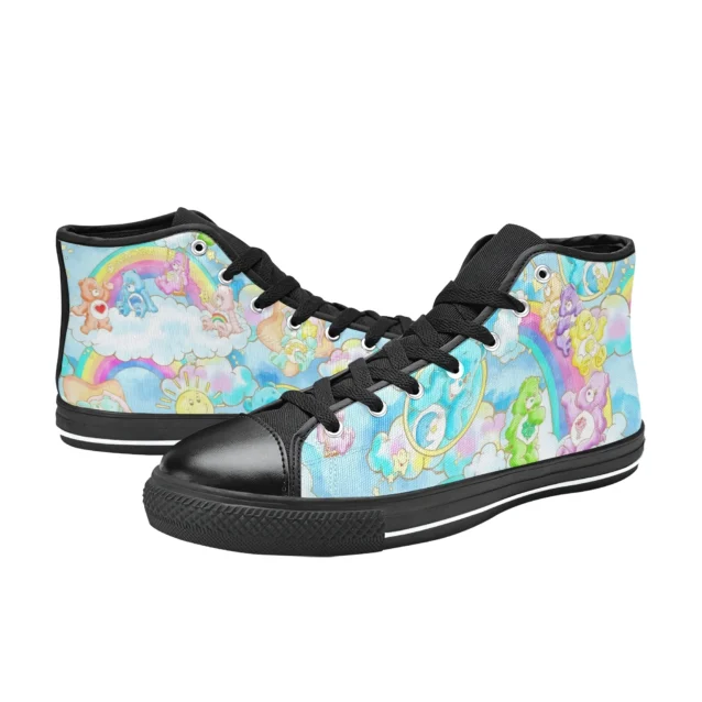 Bright and colorful Care Bears canvas shoes featuring clouds and rainbows.