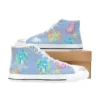 Close-up of the rain cloud belly badge graphic on the blue children's shoes.