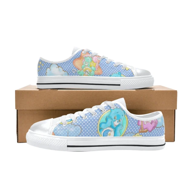 Vibrant blue canvas footwear featuring the classic 80s cartoon character Grumpy Bear.