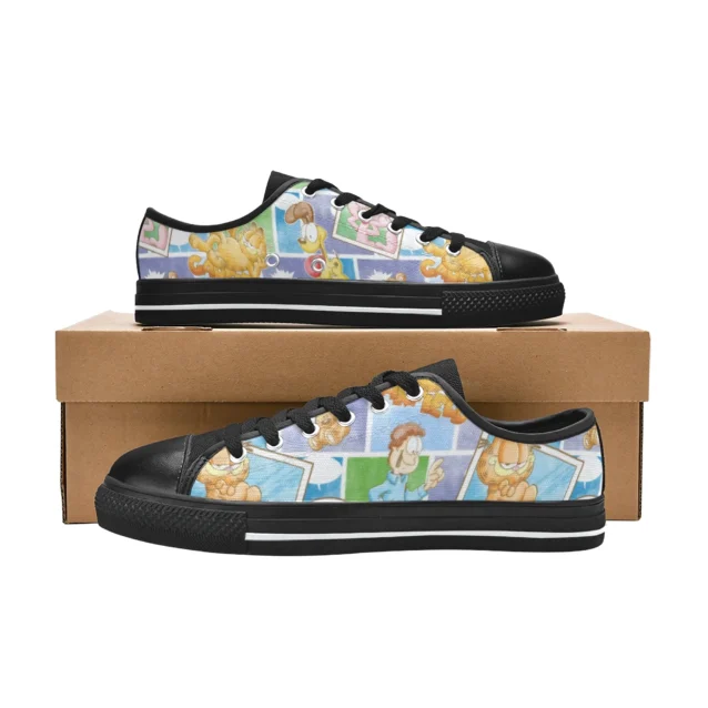 Front view of cute Garfield and Pookie bear pattern shoes for little girls.