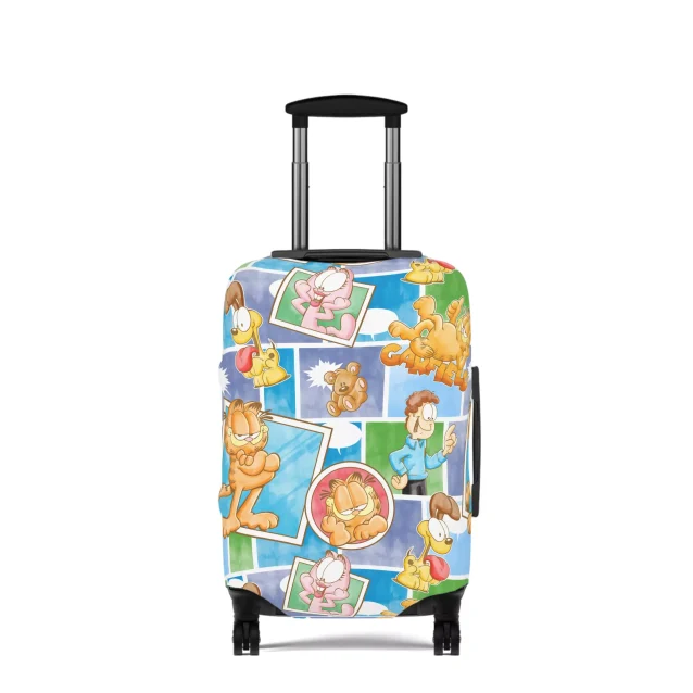 Orange tabby takes flight: A Garfield luggage cover lets everyone know who's inside the suitcase.