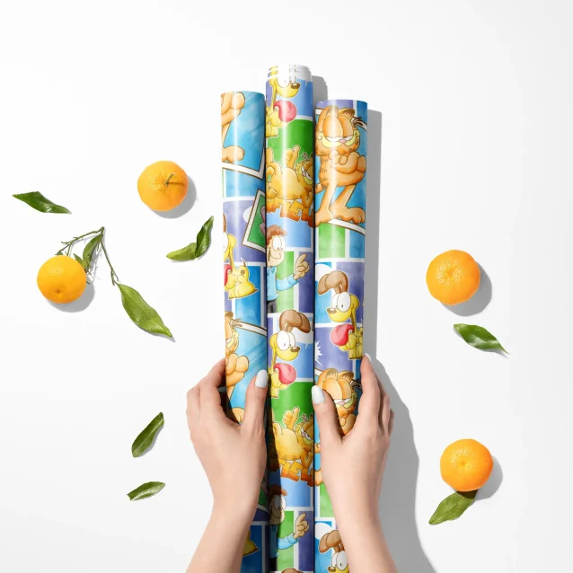 Multiple rolls of Garfield Wrapping Paper in various sizes.