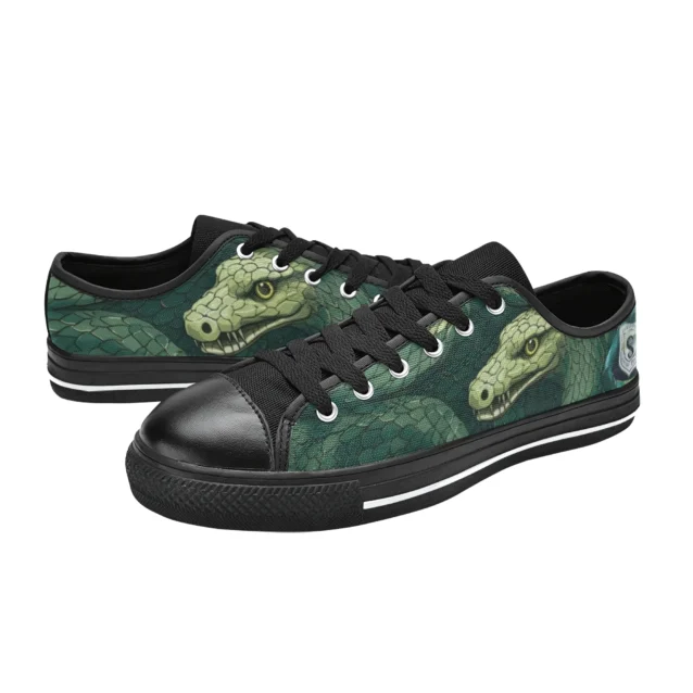 Side profile of green canvas sneakers showcasing the Slytherin snake house crest.