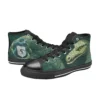 Close-up of the white laces and dark green canvas on the Slytherin kids shoes.