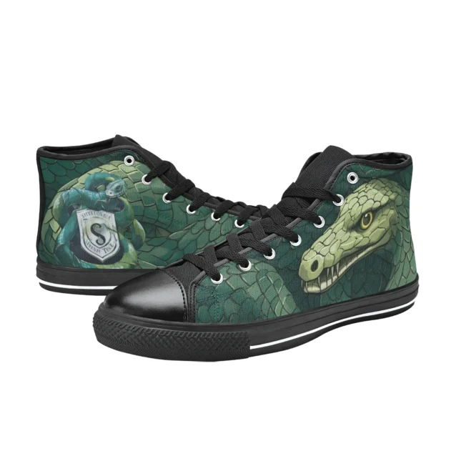 Close-up of the white laces and dark green canvas on the Slytherin kids shoes.