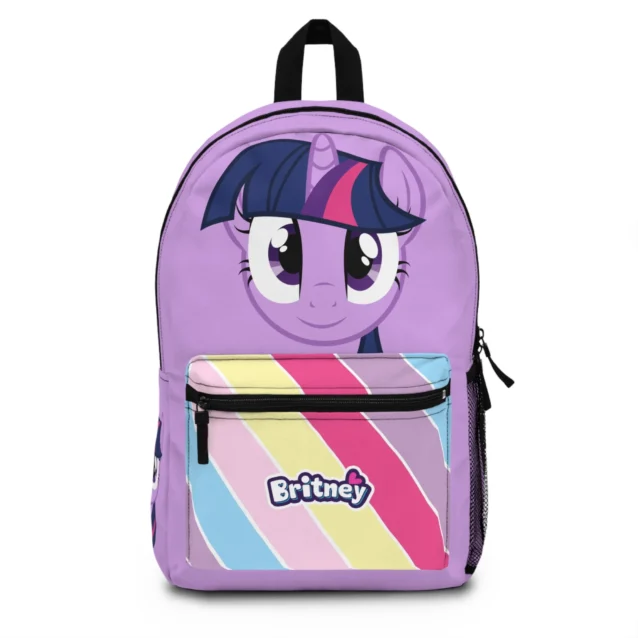 Front view of custom purple Twilight Sparkle My Little Pony backpack for school.