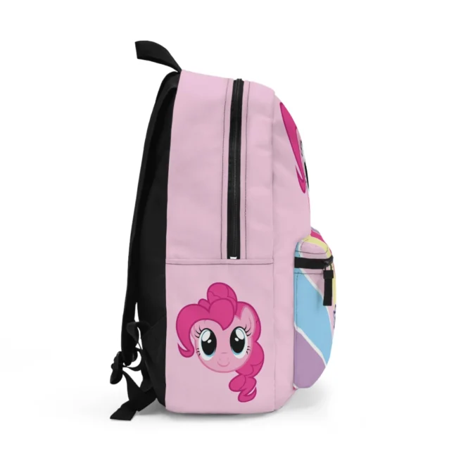 Cute personalized pink kids bookbag featuring bright Pinkie Pie graphics.