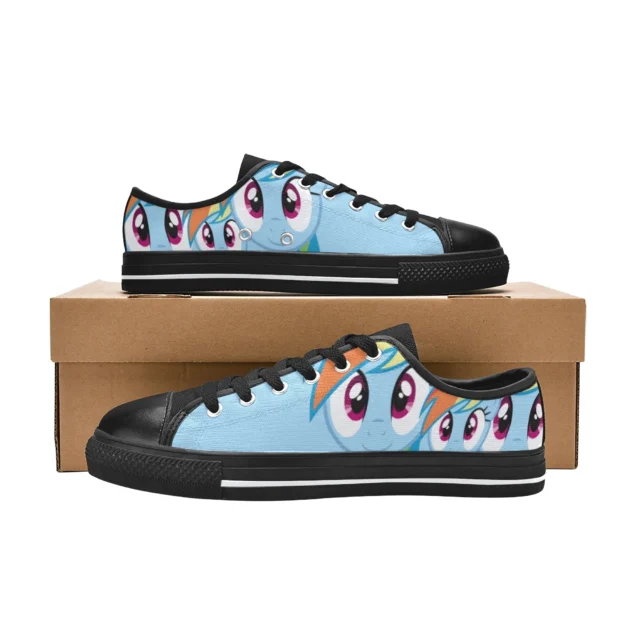 Rear heel view of the vibrant blue Rainbow Dash canvas sneakers.