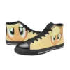 Side profile of the pastel yellow canvas sneakers featuring Fluttershy.
