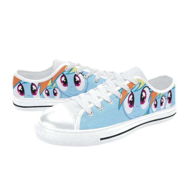 Front view of bright blue Rainbow Dash shoes for kids and toddlers.