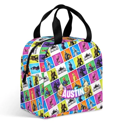 Insulated Fortnite gamer lunch box with aluminum foil lining and adjustable shoulder strap.
