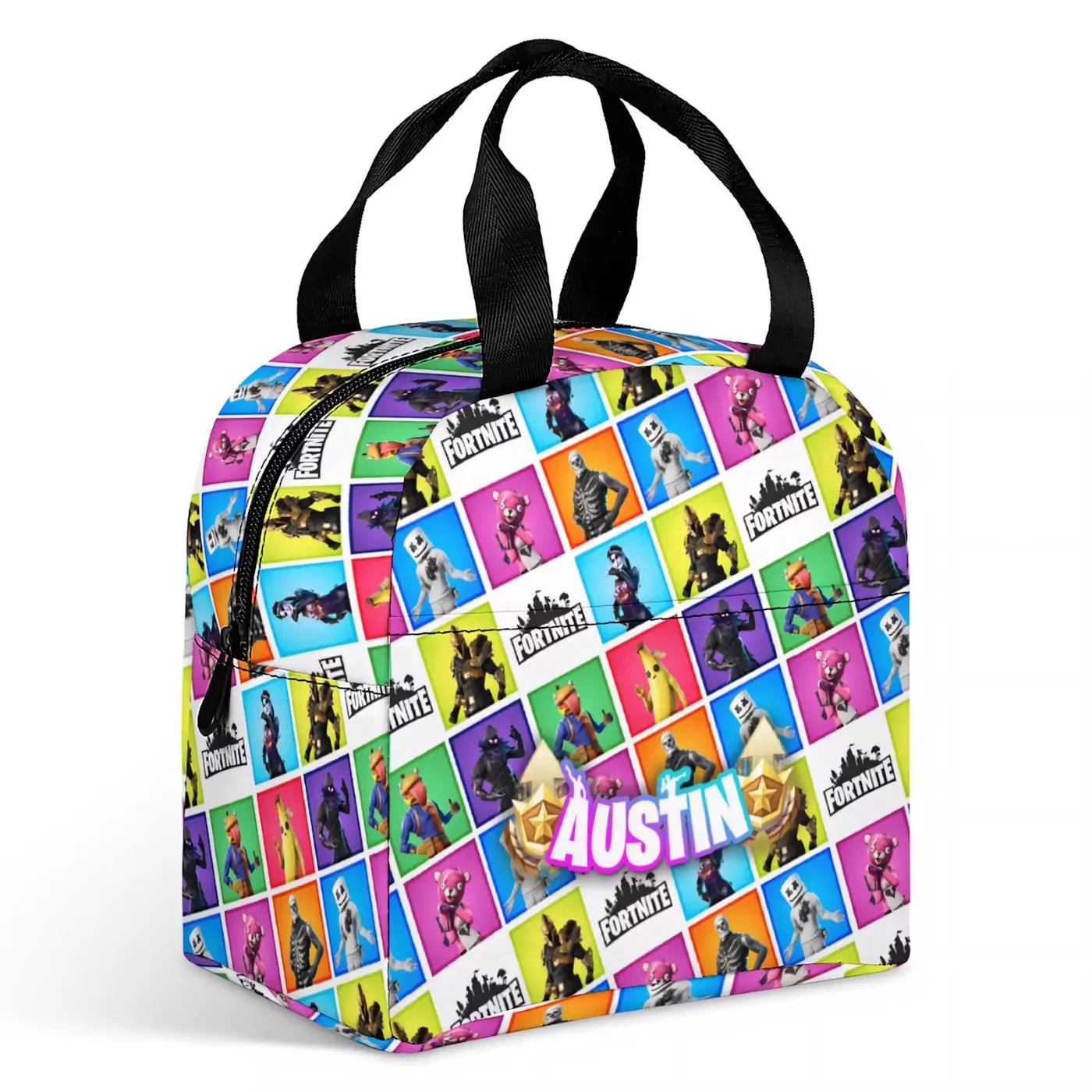 Insulated Fortnite gamer lunch box with aluminum foil lining and adjustable shoulder strap.