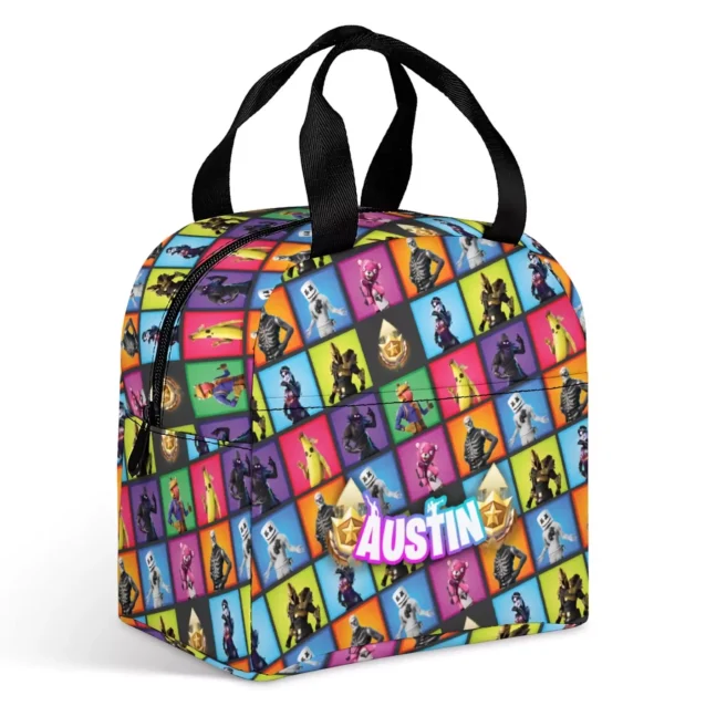 Rainbow Fortnite meal bag tiled with fan-favourite character skins and a personalized name panel.
