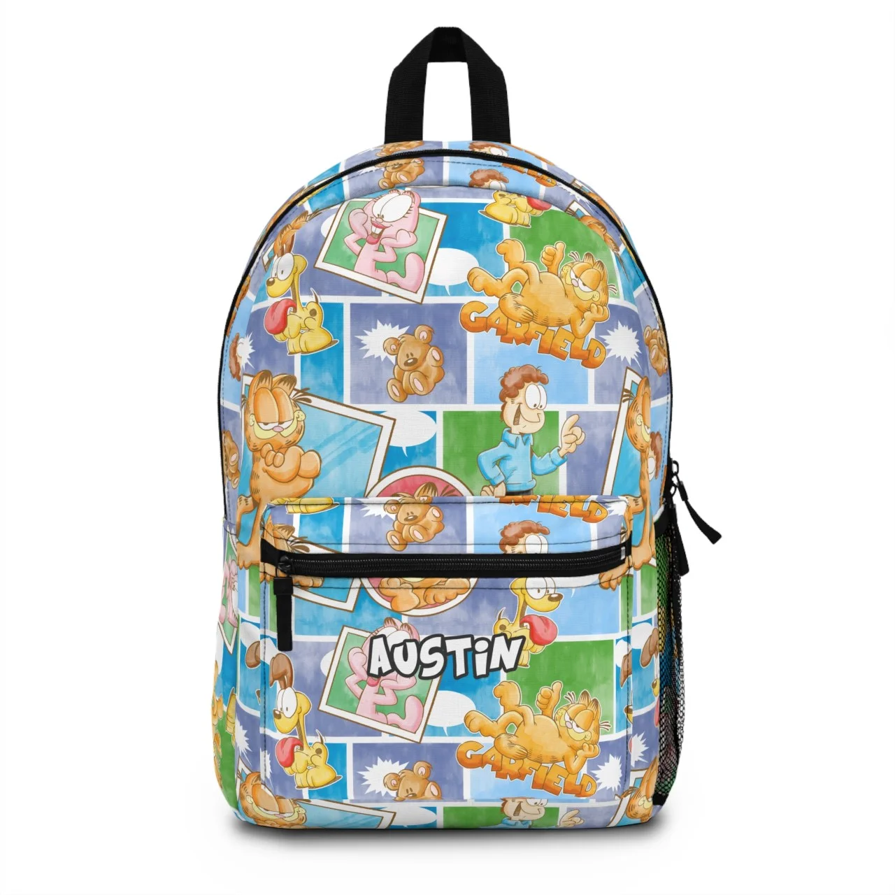 Front view of the custom personalized Garfield school backpack for kids featuring vibrant orange cat graphics and a waterproof canvas exterior.