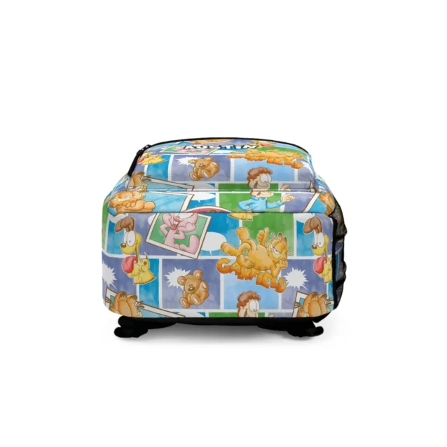 Personalized Odie and Garfield friends travel daypack for school featuring bright retro comic graphics and side water bottle pockets.