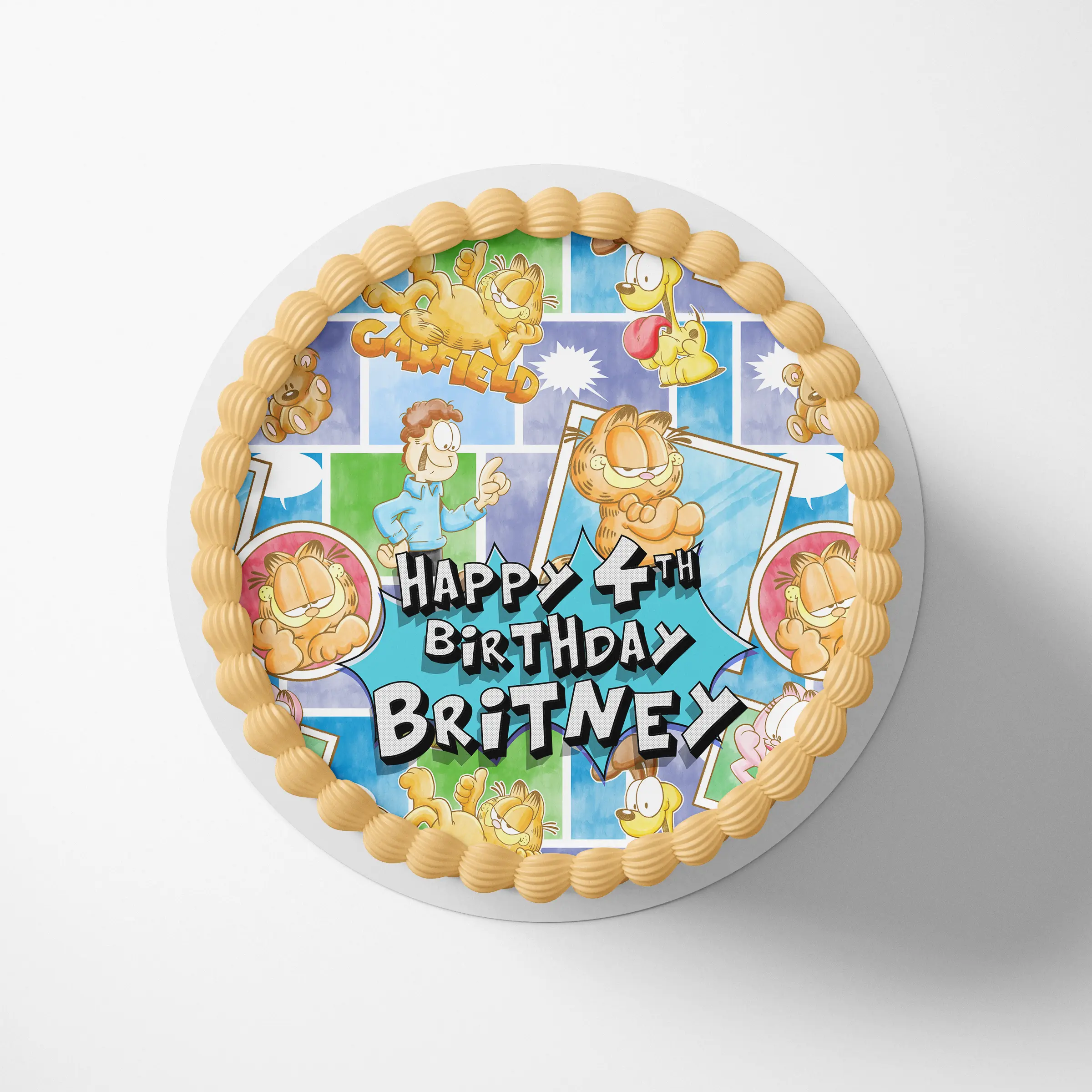 Personalized Garfield cake topper on a round birthday cake