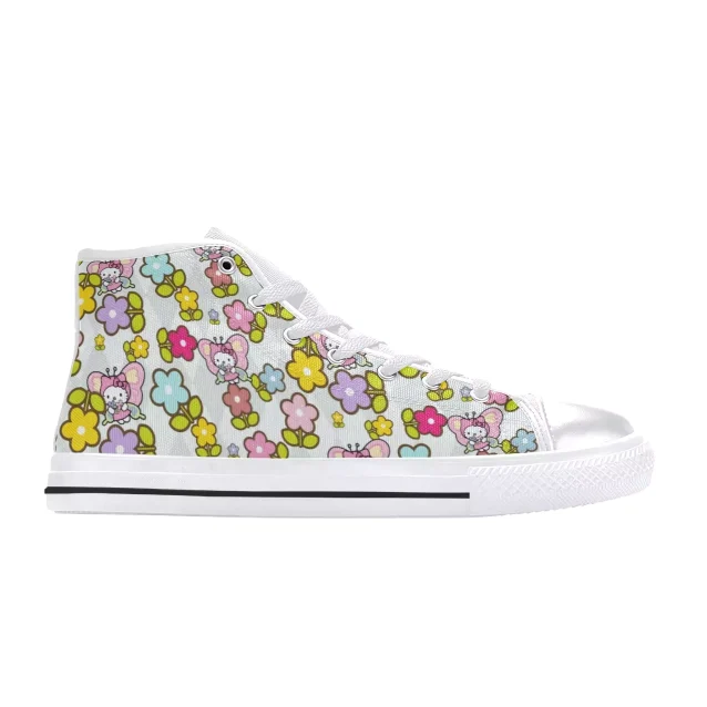Kids' shoes featuring Hello Kitty surrounded by colorful flowers.